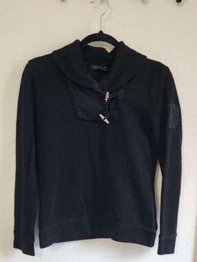 90's ​Lauren Ralph Lauren Black Toggle Shawl Neck Sweatshirt Size M 100% Cotton